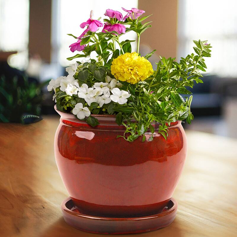 Southern Patio Wisteria 8" Round Ceramic Planter Pot with Saucer, Red (2 Pack) - 4.41