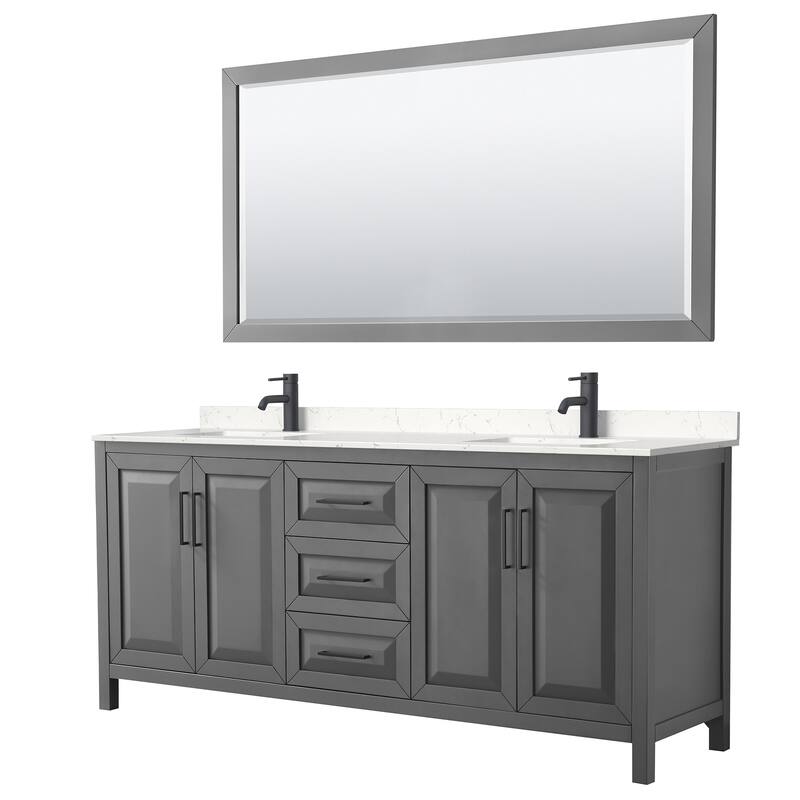 Daria 80 Inch Double Vanity, Cultured Marble Top, 70 Inch Mirror - Dark Gray, Black Trim, Carrara Cultured Marble Top
