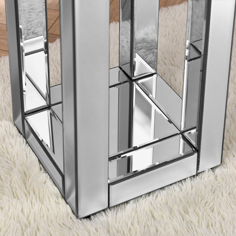 Mirrored End Table Square with Crystals Inlay, 2-Tier Modern Small Sofa Table with Storage, Silver Accent Table for Living Room