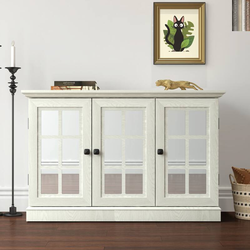 45" W Storage cabinet with 3 mirrored acrylic doors, sideboard with adjustable shelves for living room, dinning room - White Oak