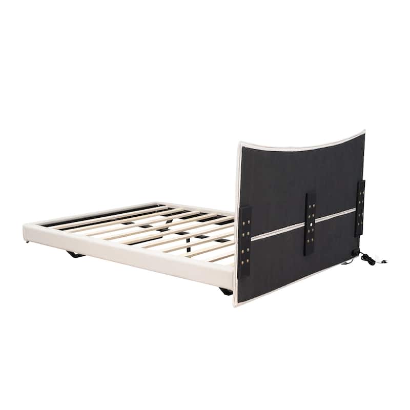 HomeRoots Beige Tufted Upholstered Full Bed Frame With LED Lighting And USB