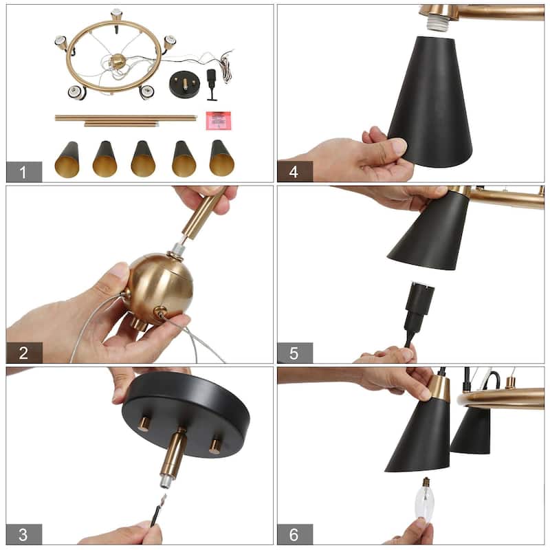 Modern 5-Light Black Gold Chandelier Wagon Wheel Pendant Lights with Metal Shades - 23.5"L x 33.5"H