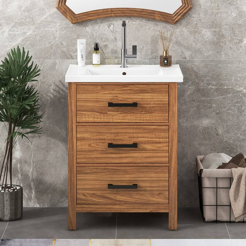 GDFStudio - Marwick Modern Freestanding Bathroom Vanity with Ceramic Sink and 3 Storage Drawers - 24.4'W