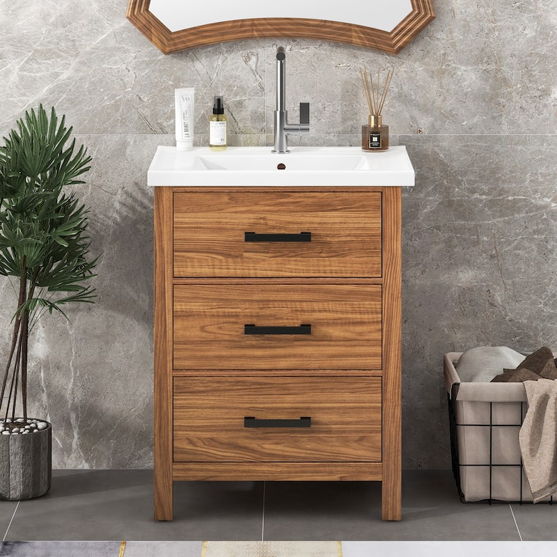 Log Color Grain Design Storage Cabinet Bathroom Vanity with Ceramic Sink, Tip-out Drawer, 2 Drawers and Black Metal Handles - Natural