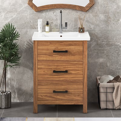 Log Color Grain Design Storage Cabinet Bathroom Vanity with Ceramic Sink, Tip-out Drawer, 2 Drawers and Black Metal Handles