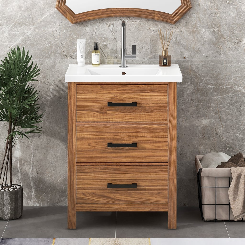 Log Color Grain Design Storage Cabinet Bathroom Vanity with Ceramic Sink, Tip-out Drawer, 2 Drawers and Black Metal Handles