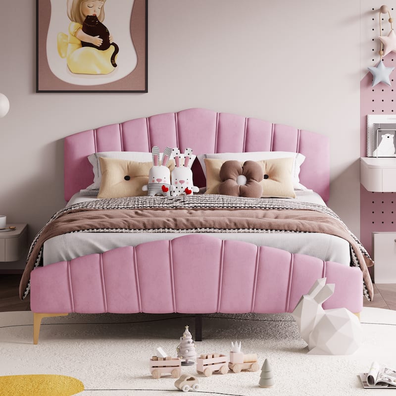 Queen Size Velvet Platform Bed with Metal Bed Leg