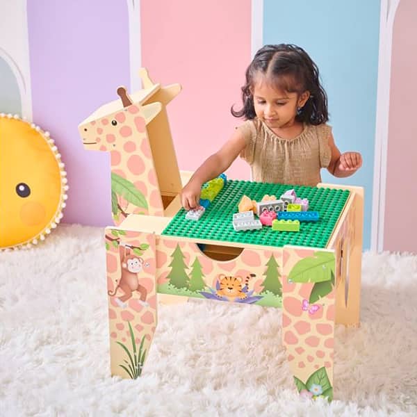 slide 2 of 9, Teamson Kids Jungle Giraffe 2-in-1 Wooden Activity Table + 23Pc and 1 Car Included Yellow