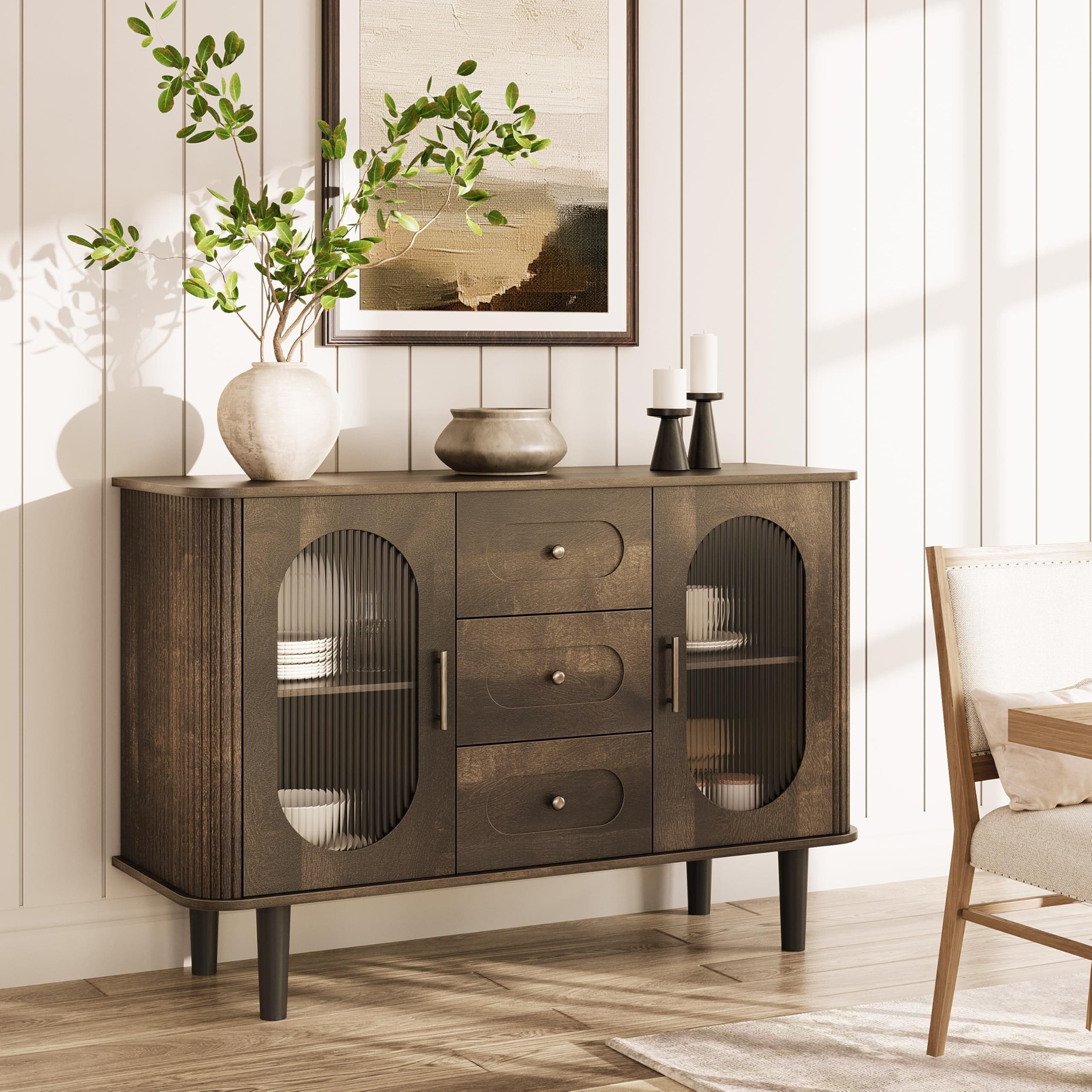 47" Sideboard Buffet Cabinet with Fluted Glass Doors & 3 Drawers, Modern Farmhouse Accent Coffee Bar with Adjustable Shelves