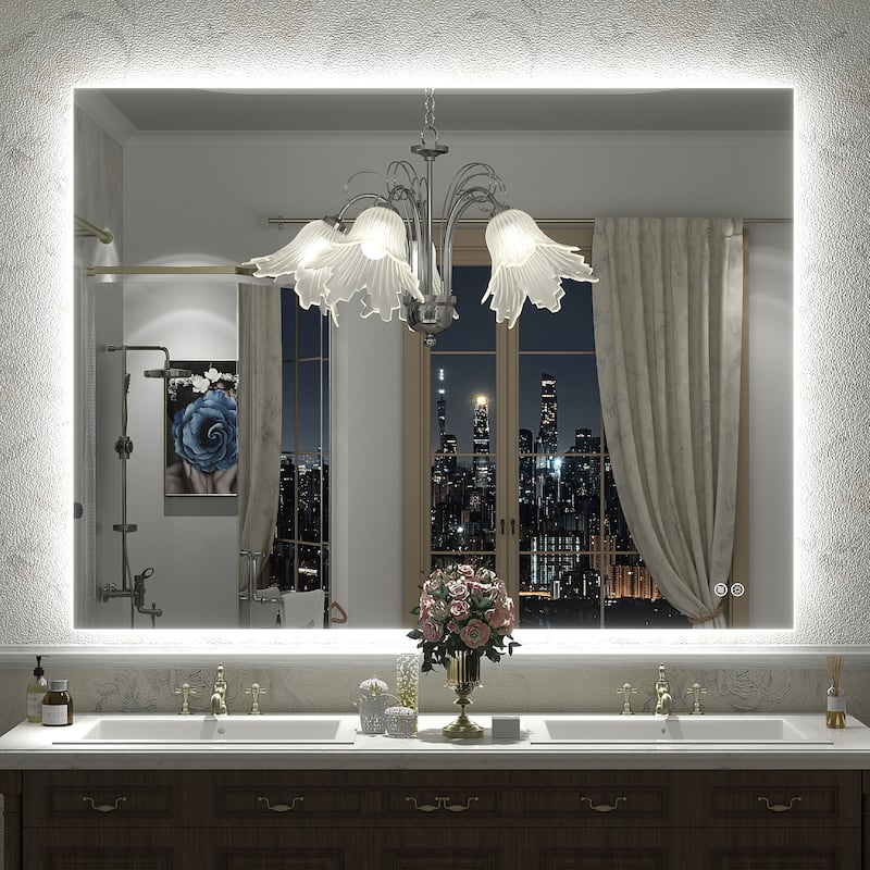Frameless Anti-Fog 3 Colors Dimmable LED Backlit Wall Bathroom Vanity Mirror - 48" x 36"-Rectangular
