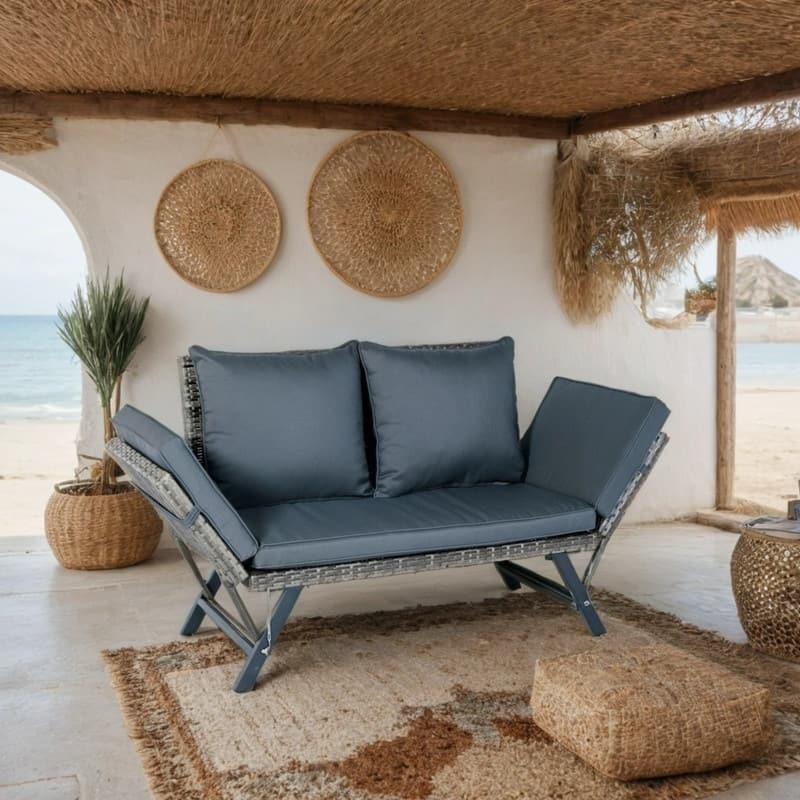 Patio Wicker Side Foldable Bench, Durable Outdoor Backyard Conversation Bench with Grey Wicker and Dark Grey Cushion - N/A