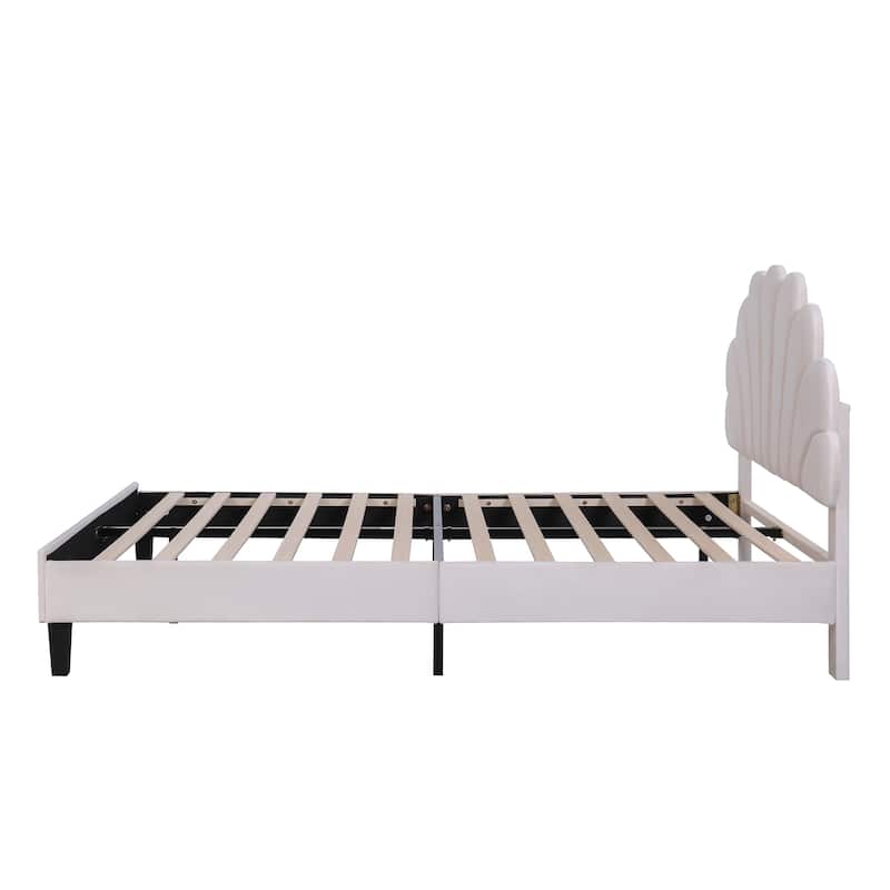 Roomfitters Full Size Upholstered Platform Bed Frame, Velvet Flower Headboard, Modern Bedroom Furniture, Beige