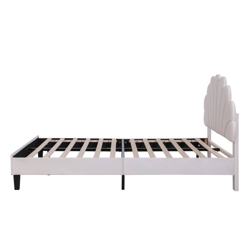 Upholstered Platform Bed for Kids, Velvet Bedframe with Flower Pattern Velvet Headboard, Wooden Bed Frame with Wood Slat Support