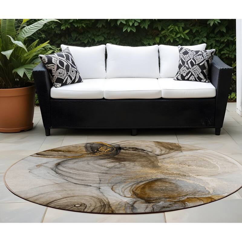 Varo Contemporary Abstract Weather Resistant Classic Meets Modern Outdoor Rug - 8' Round - Brown
