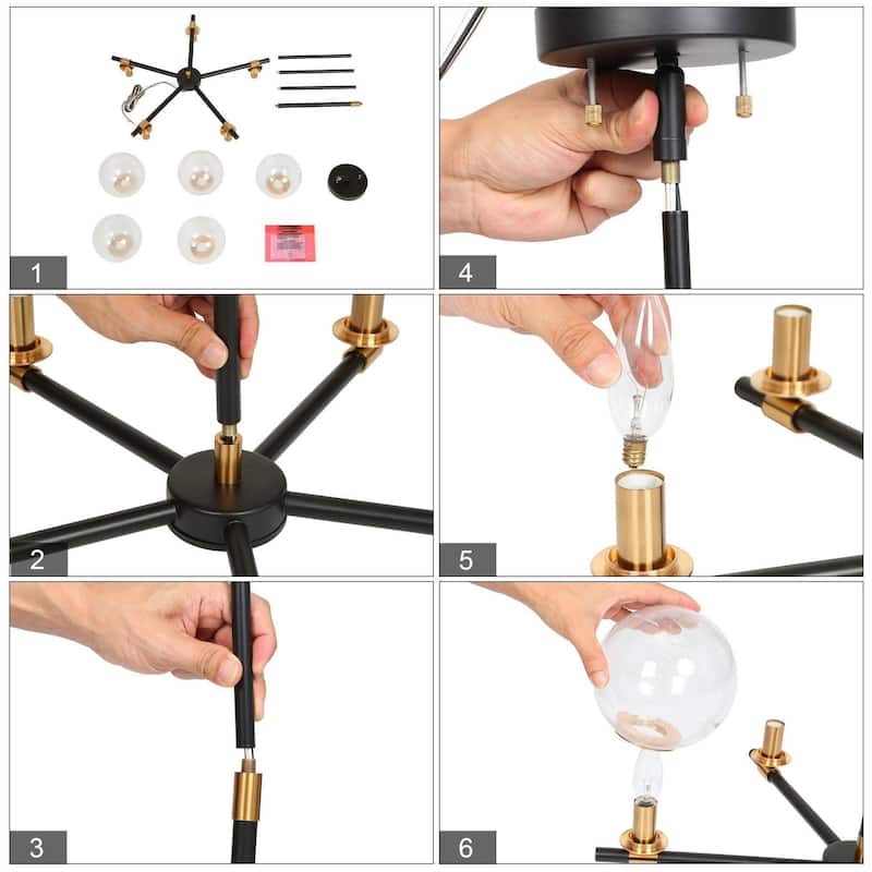 Modern 5-Light Black Gold Wheel Chandelier Globe Glass Pendant Lights for Dining Room - 22" D x 14" H