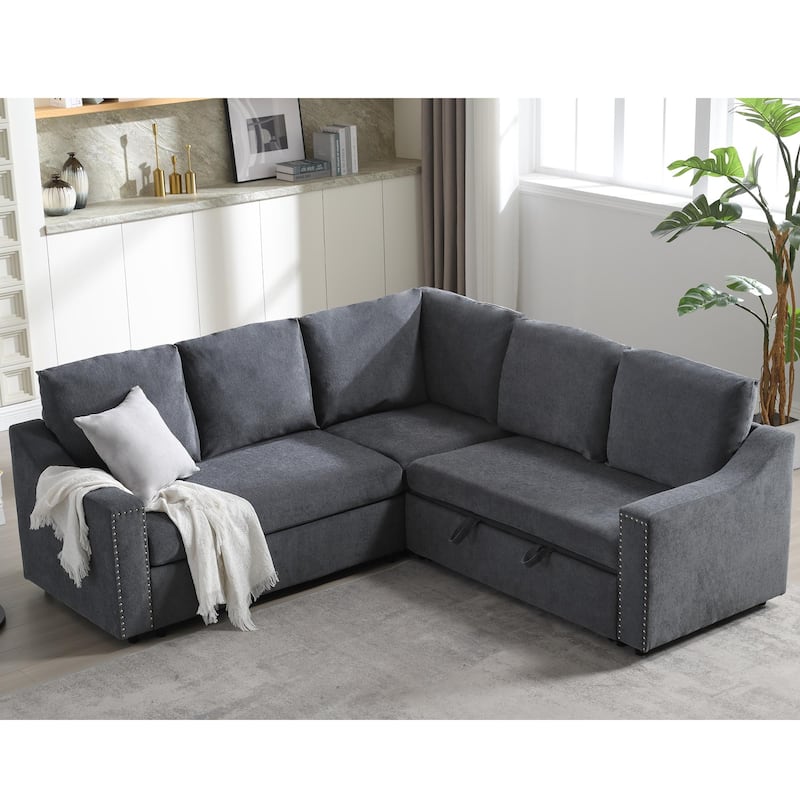 81.5'' L-Shaped 5-Seat Sectional Sofa with Pull-Out Bed and 6 Cushions, Ideal Multifunctional Corner Couch