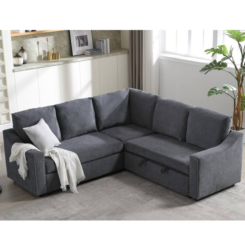 81.5'' L-Shaped 5-Seater Sectional Sofa with Pull-Out Bed and Six Pillows, Multifunctional Corner Couch for Living Areas