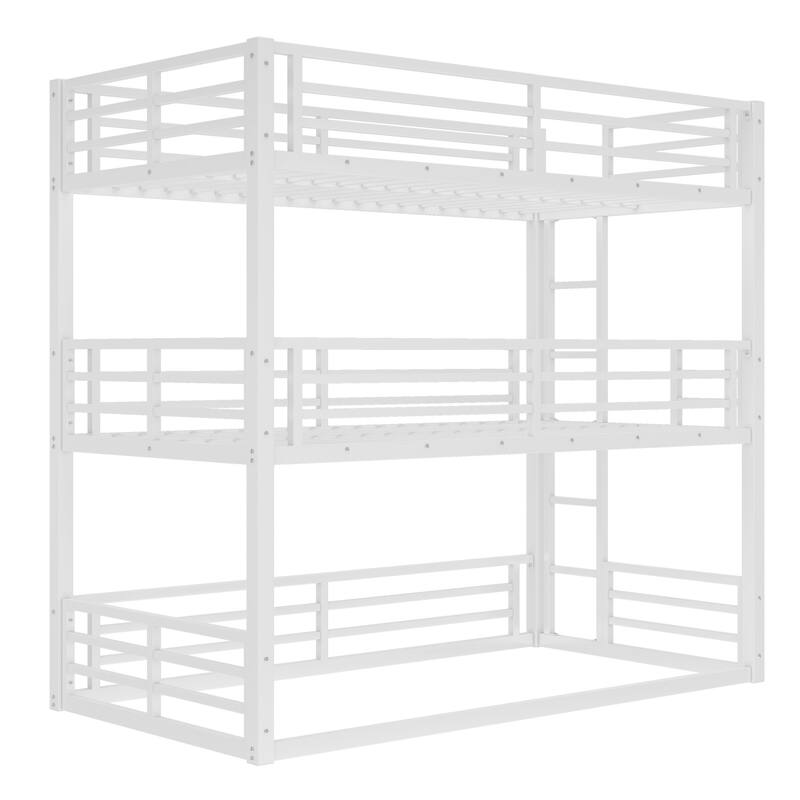 Roomfitters Twin/Full/Queen Metal Triple Bunk Bed with Safety Guardrails, Heavy-Duty Noise-Reduced Frame, White