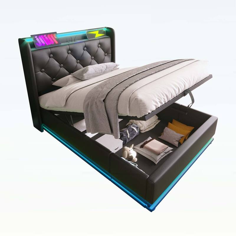 Classic Upholstered Bed with 360 LED Lighting,Hydraulic Storage,and USB Charging