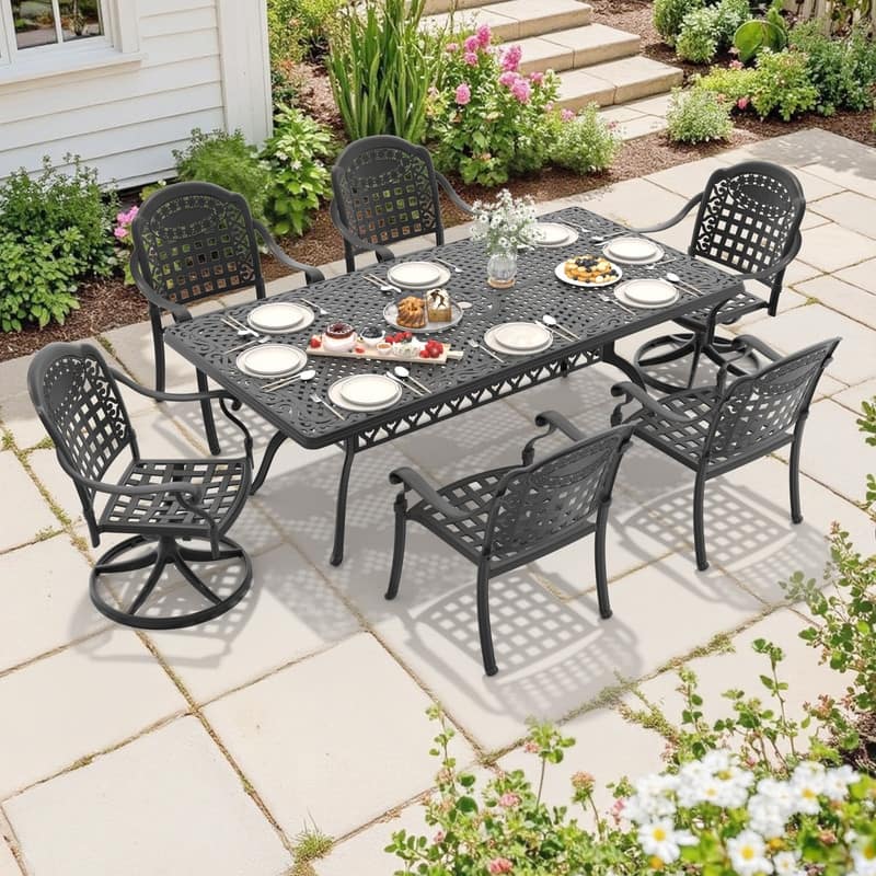 7-Piece Outdoor Dining Set with 1 Table and 6 Chairs, All-Weather Aluminum Outdoor Patio Sets