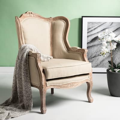 SAFAVIEH Couture Kali Oak Natural Linen Wing Chair - 34Wx34Dx40H