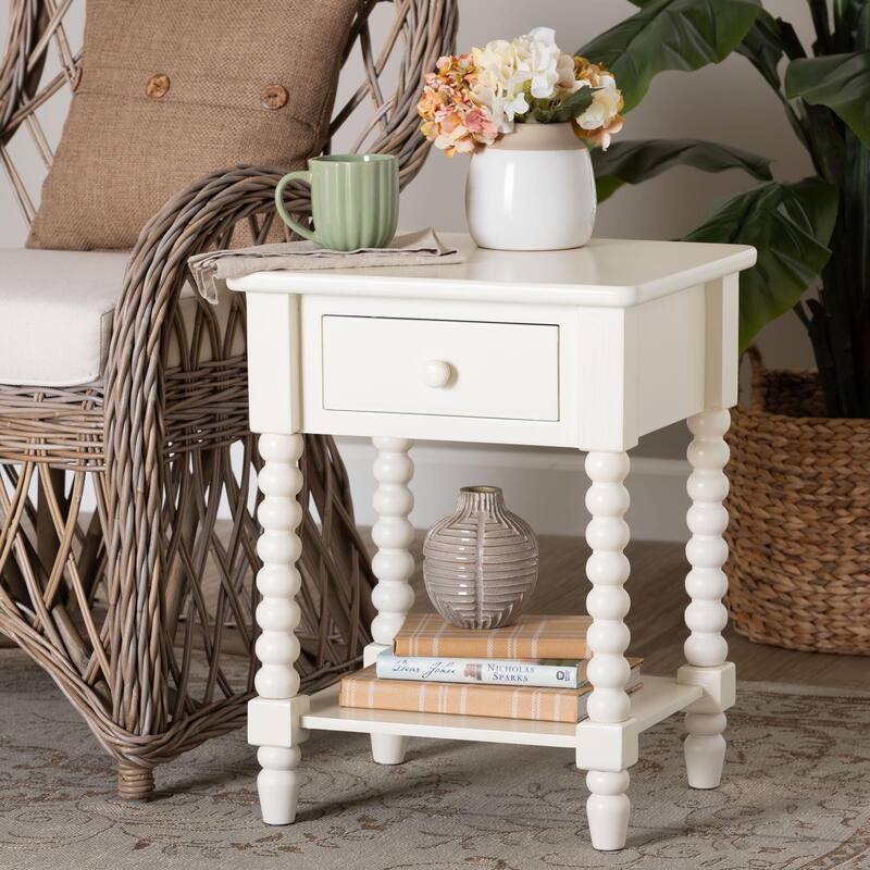 Raynera End Table with Bobbin Legs - 1-Drawer Accent Table with Spindle Turned Legs and Open Shelf, Cottage Farmhouse Side Table