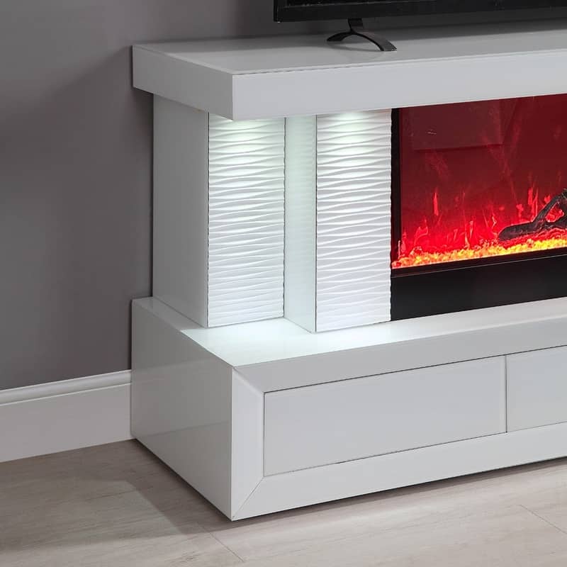 Spencer 71"W White Finish TV Stand with Fireplace and Speaker