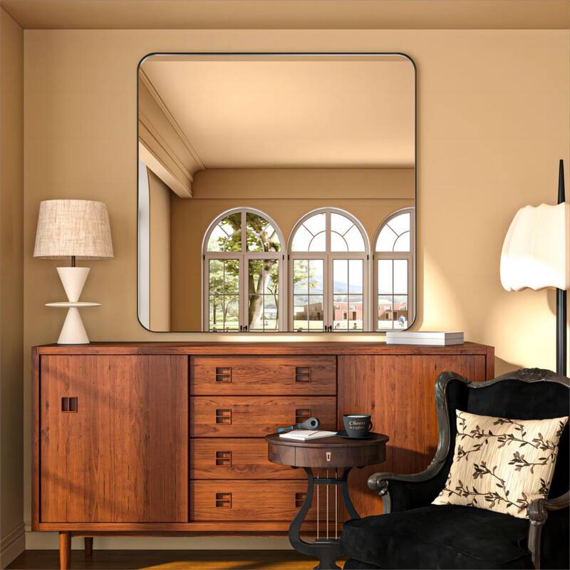 Organnice Rectangular Aluminum Framed Modern Rounded Wall Mount Mirror