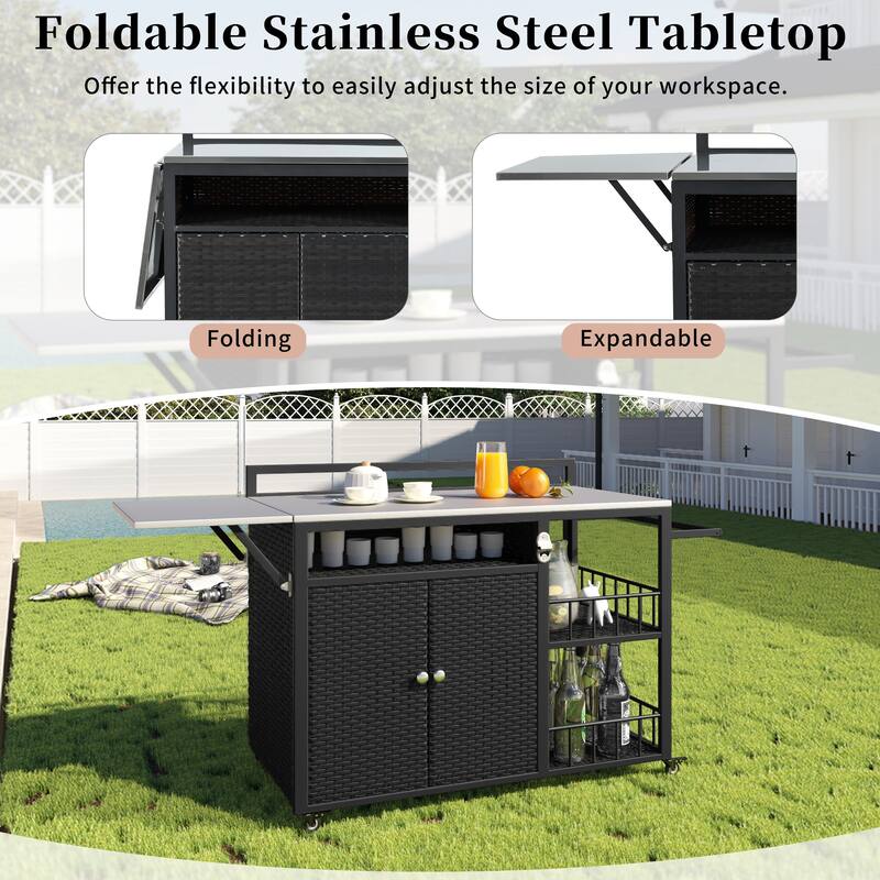 Roomfitters 63.5" Outdoor Kitchen Island Grill Cart with Foldable Side Tabletop and Ample Storage, Dark Brown