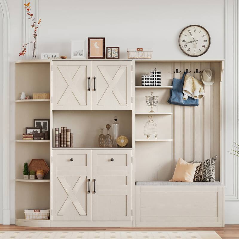 Multifunctional Left-Right Combination Hall Cabinet With Storage And 4 Hooks, Storage Cabinet/ Hall Tree 2 In 1 - Beige