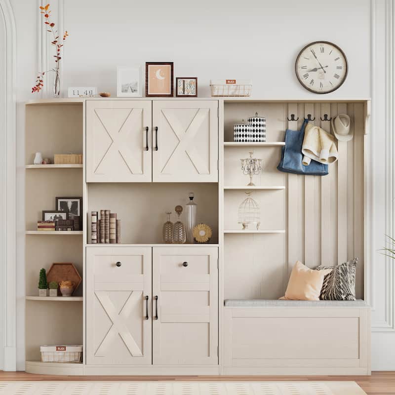 GDFStudio - Jill Versatile Left-Right Combination Hall Cabinet with 4 Hooks and Hall Tree 2-in-1 - Beige (206.8 Ibs.)