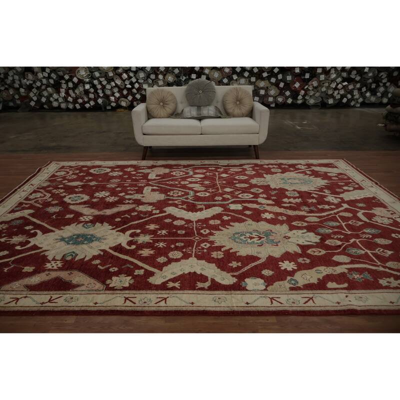 Hand Knotted Oriental 100% Wool Carpet Transitional Floral Red Oushak Area Rug - 12' 0'' X 9' 0''