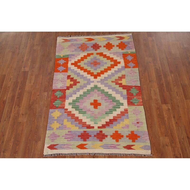 Geometric Kilim Area Rug Reversible Flatweave Foyer Wool Carpet - 3'4"x 5'0"