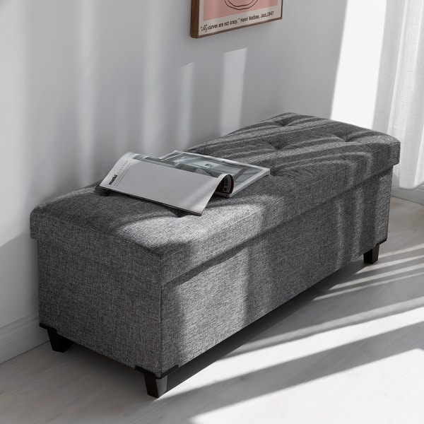 slide 2 of 24, Fabric Upholstered Storage Ottoman, Bench for Entryway, Bedroom, Closet Grey