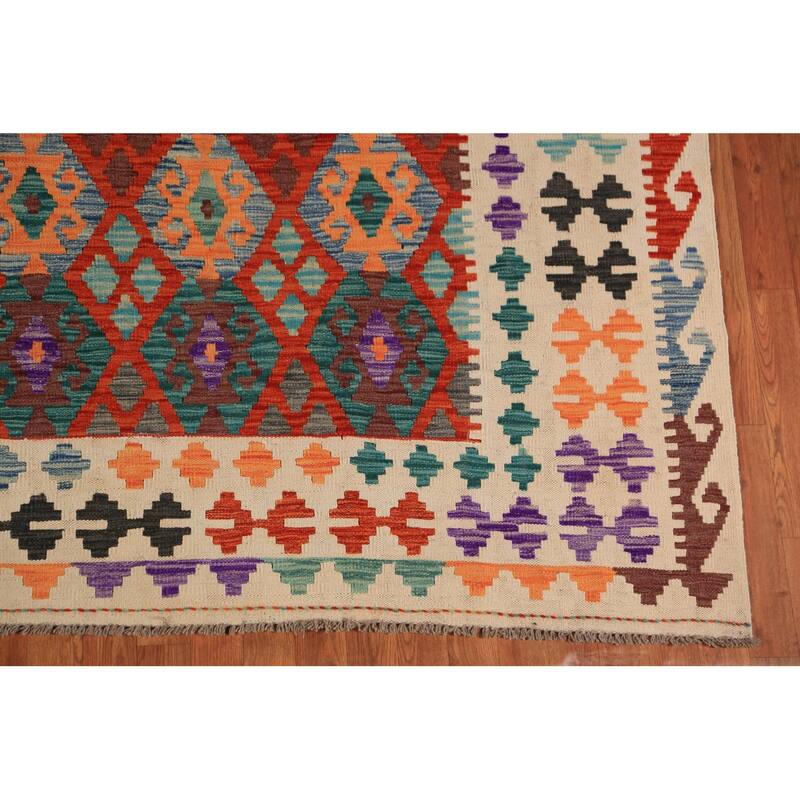 Trellis Geometric Kilim Oriental Area Rug Flatweave Wool Carpet - 8'8" x 11'9"