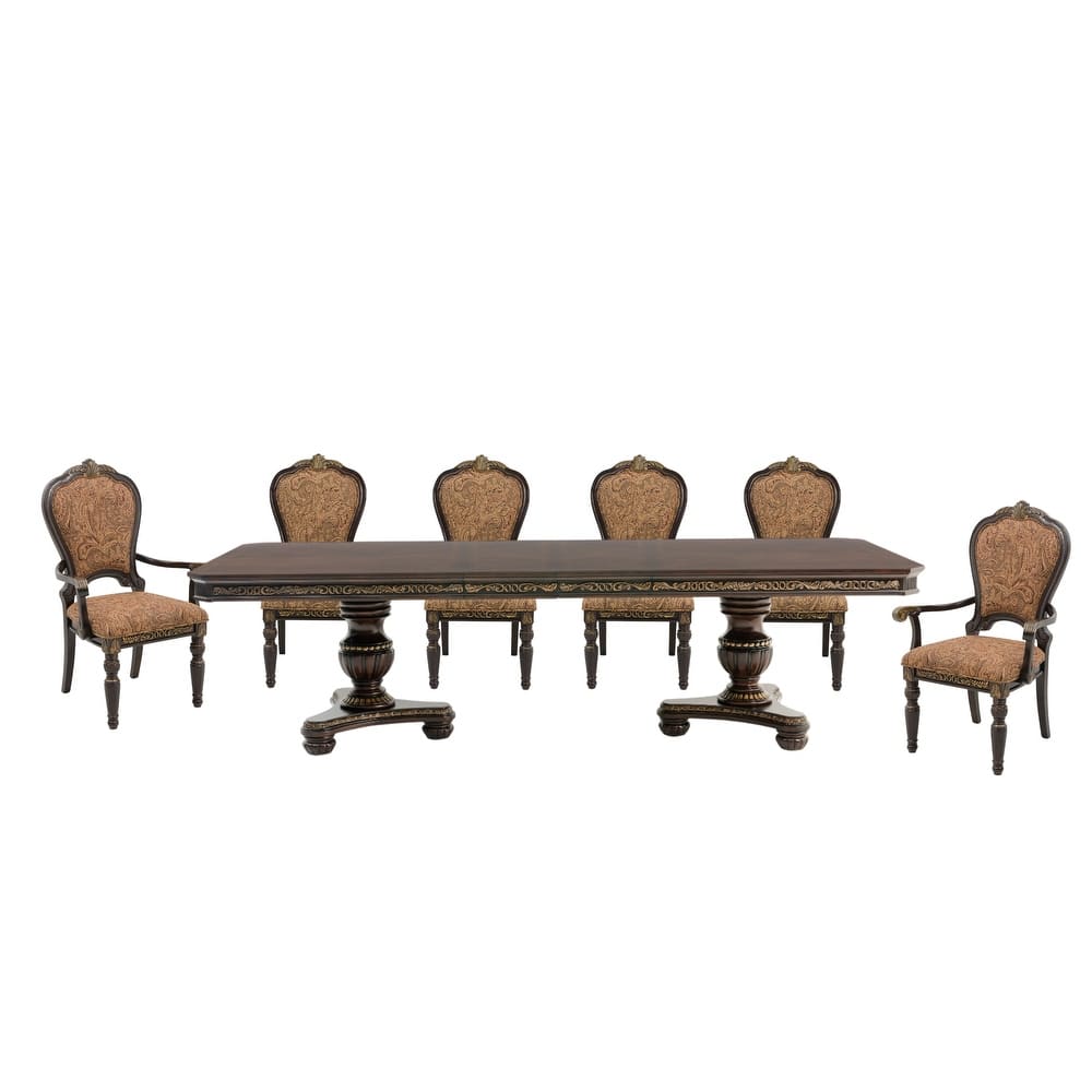 Formal Traditional Dining Set Extendable Table Chairs Cherry Finish with Gold Tipping
