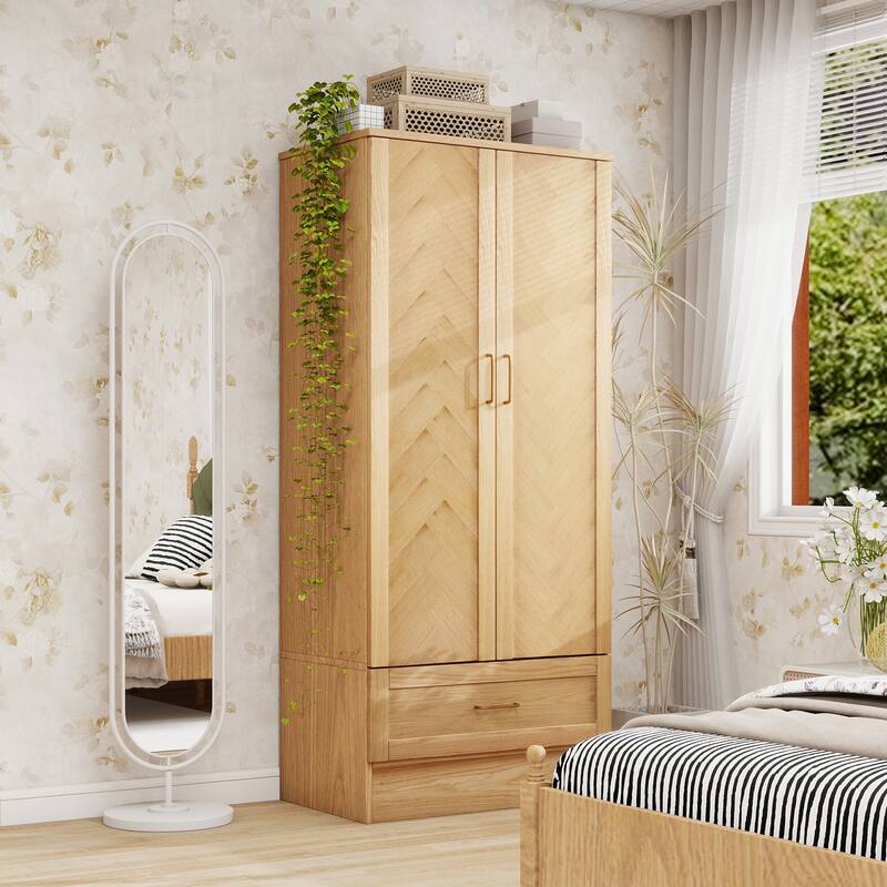 100% Solid Wood Armoire Wardrobe Closet with 2 Door, 70.87"H Bedroom Armoire Closet with Drawer and Hanging Rod, Wood Finish