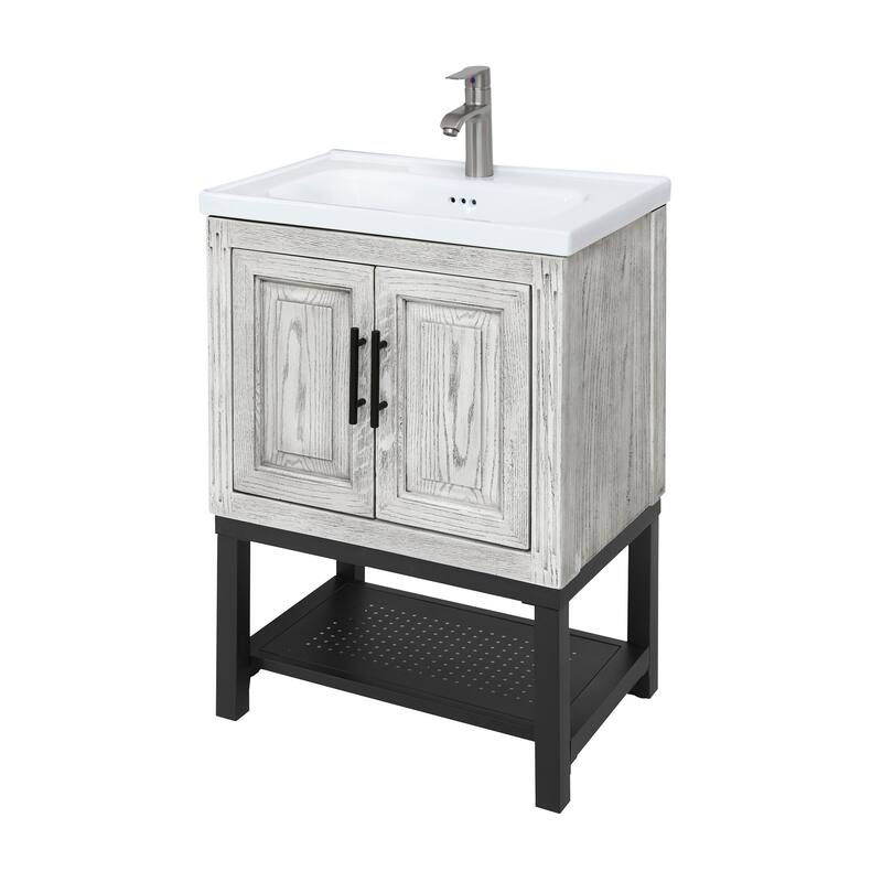 GDFStudio - CompactLine Modern Freestanding Bathroom Vanity with Ceramic Sink and Open Shelf - 24 Inch