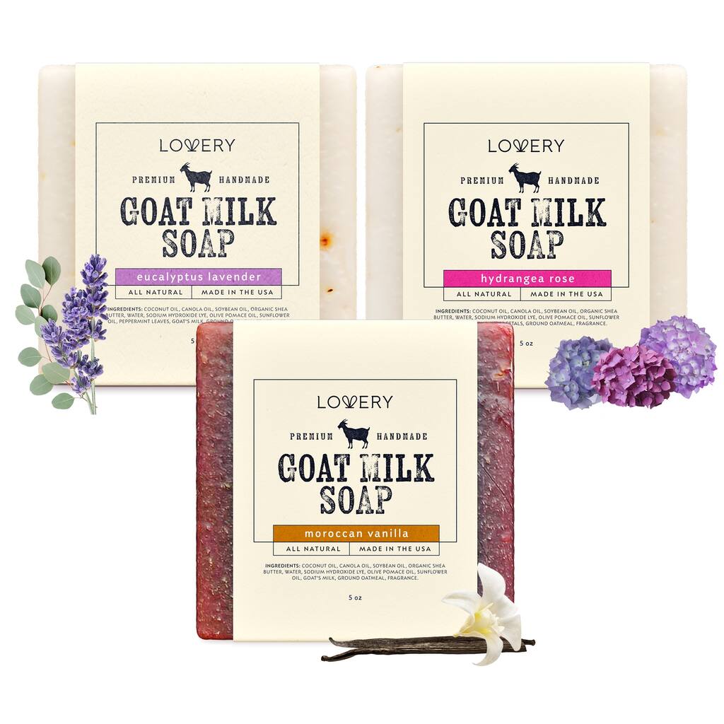 Handmade Goat Milk Soap Bars Made in USA with Shea Butter - Eucalyptus Lavender, Moroccan Vanilla, Hydrangea Rose - 3 Pack