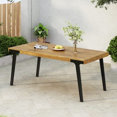 Roomfitters Modern Outdoor Dining Table with Acacia Wood Top and Black Metal Legs, Rectangular, Teak