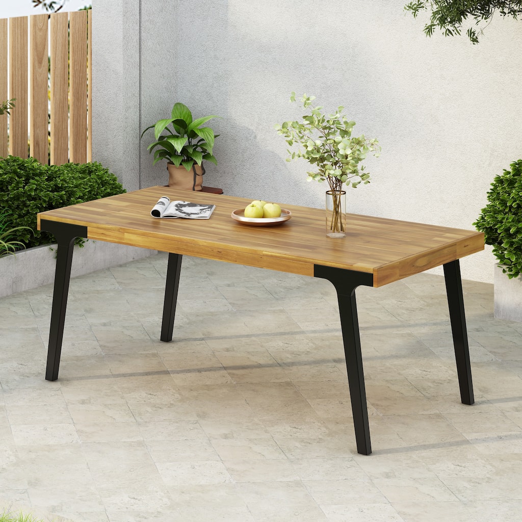 Roomfitters Modern Outdoor Dining Table with Acacia Wood Top and Black Metal Legs, Rectangular, Teak