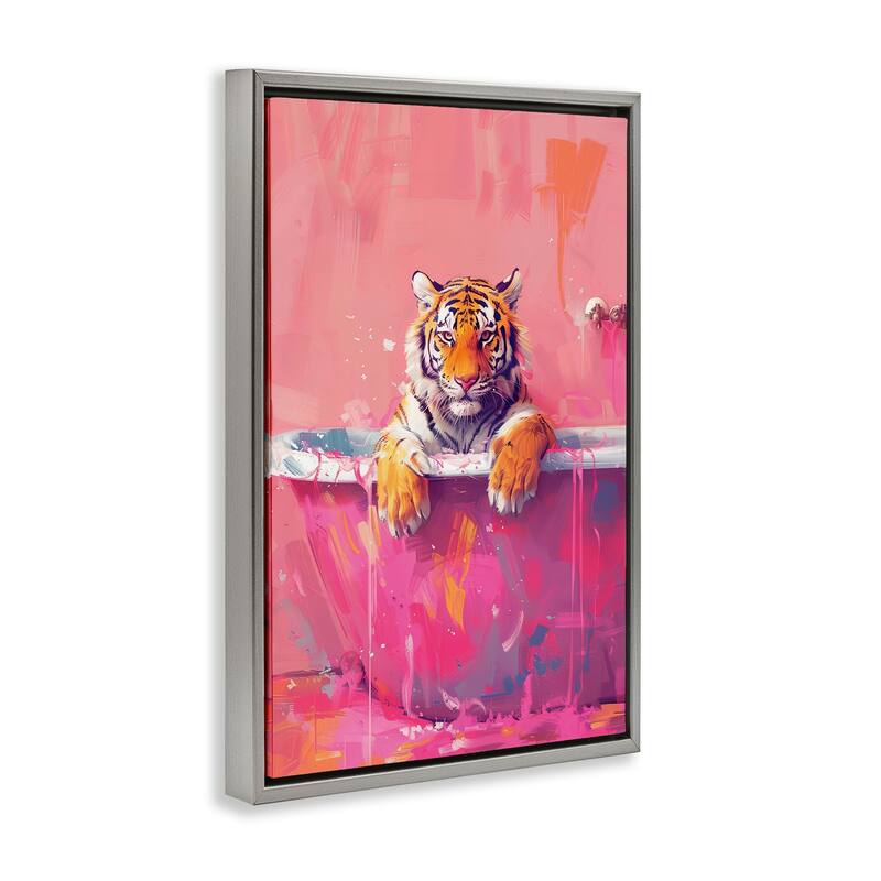 Stupell Bright Bathing Tiger in Tub Framed Floater Canvas Wall Art Design By LSR Design Studio