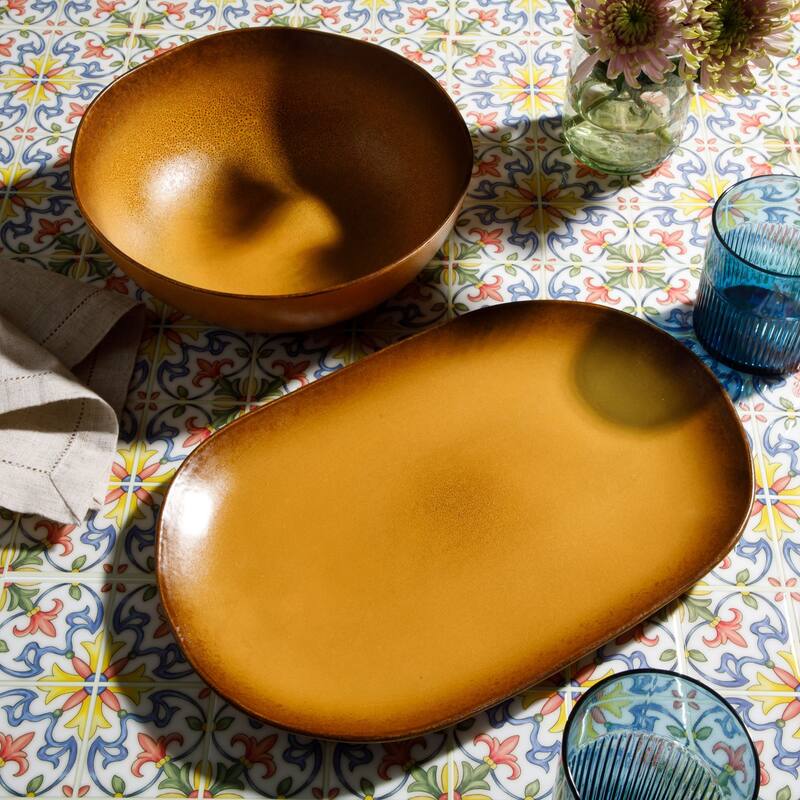 Bloomhouse Palermo Sun 2 Piece Serving Bowl and Oval Platter Stoneware Reactive Glaze Serveware Set