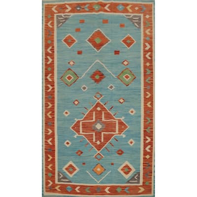 Hand Woven Oriental 100% Wool Carpet Southwestern Tribal Navy Blue & Blues Kilim Area Rug - 8' 1'' X 4' 10''