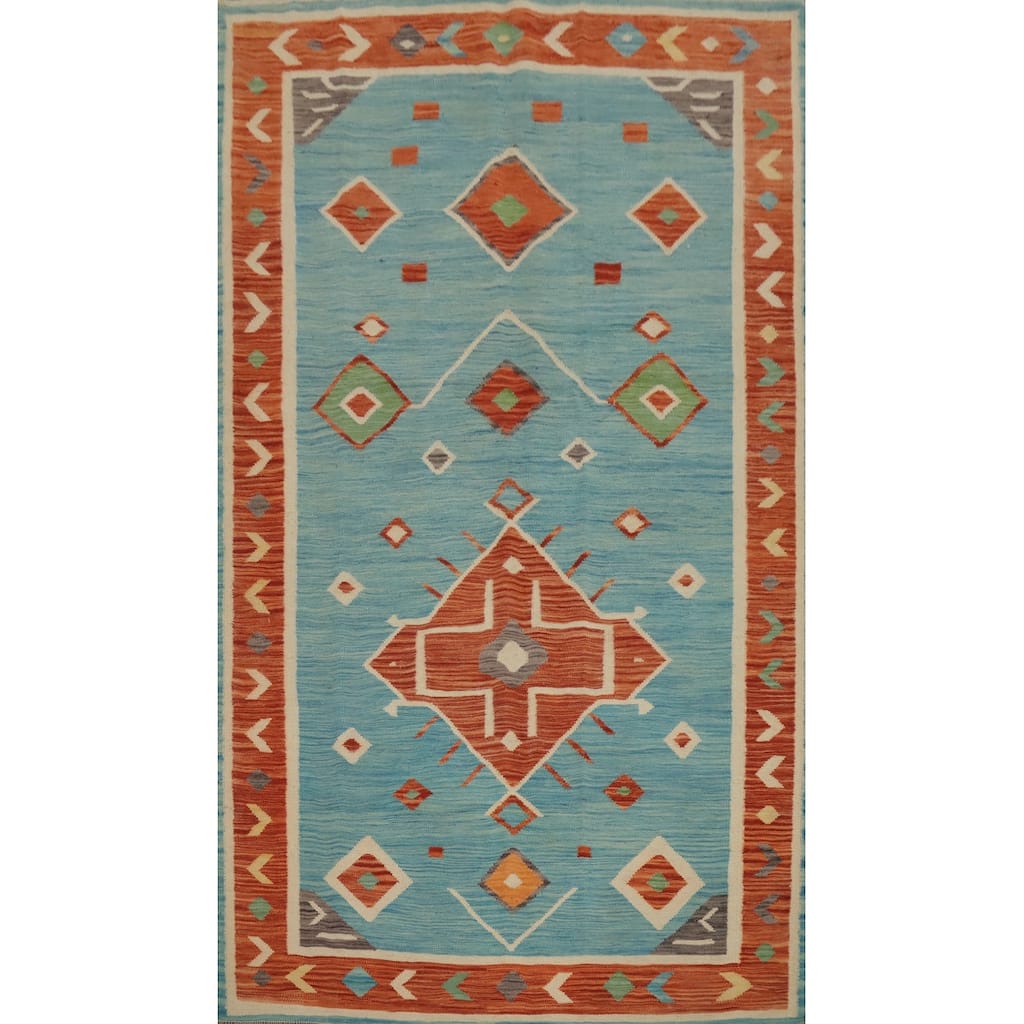 Hand Woven Oriental 100% Wool Carpet Southwestern Tribal Navy Blue & Blues Kilim Area Rug - 8' 1'' X 4' 10''