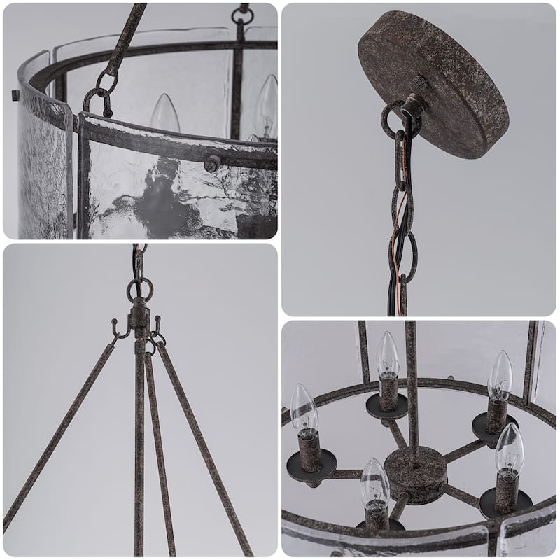 Modern 5-Light 20.5" Lantern Drum Chandelier Water Ripple Glass Pendant for Dining Room