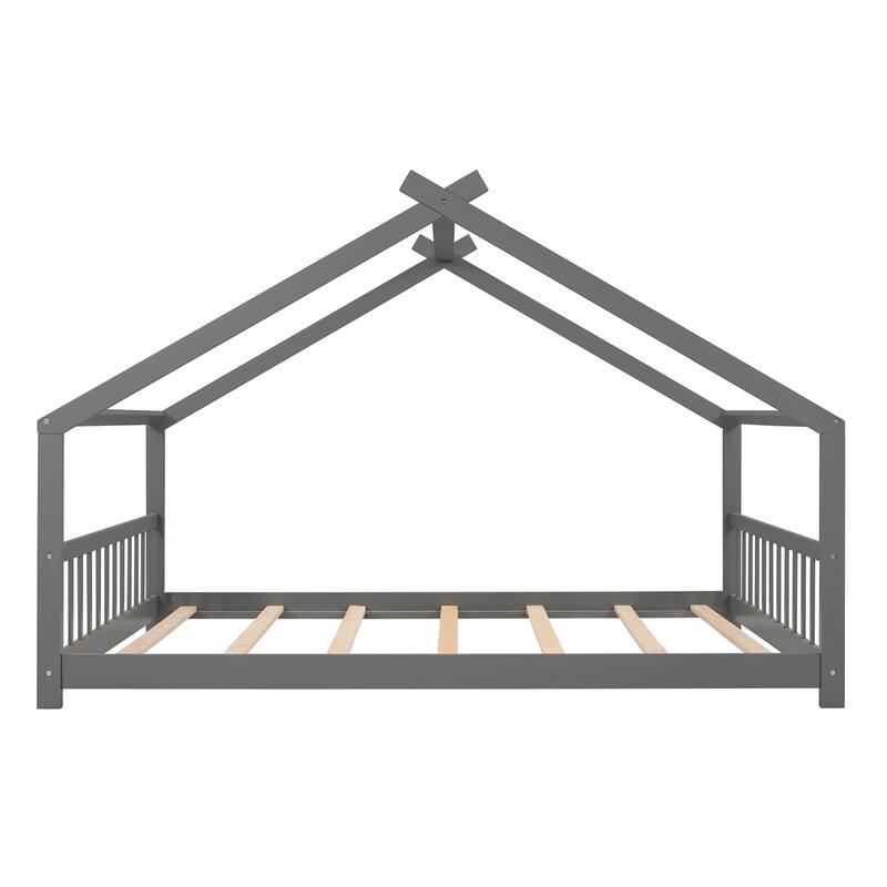 Full Size Playhouse Design Wood Bed with Roof and Semi-Enclosed Space.