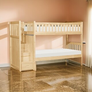 Catherine Twin over Twin Bunk Bed, Storage Step, Natural Brown, Solid Wood