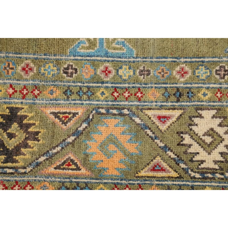 Geometric Kazak Oriental Area Rug Handmade Green Wool Carpet - 4'0" x 6'2"