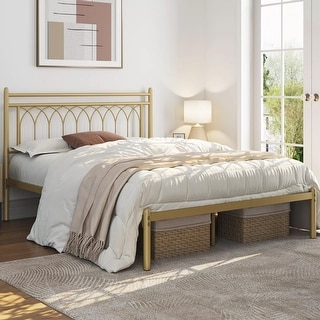 Full Size Metal Platform Bed Frame with Petal Accented Antique Gold ...